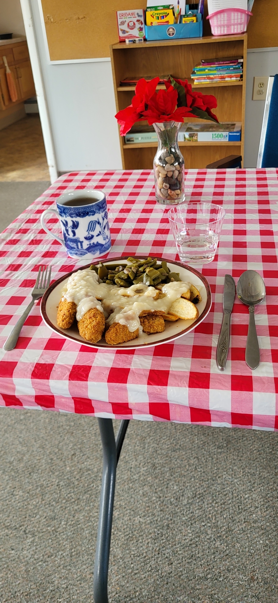 Beyond chicken, potato wedges and Italian green beans with mushrooms and onions. Sage gravy